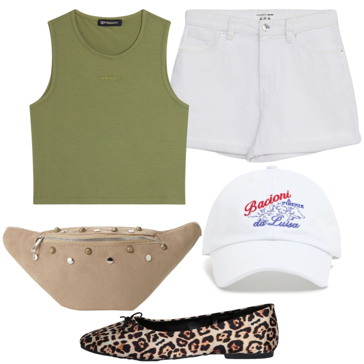 Outfit donna - It s Sunday morning. Stile Casual per Tutti i giorni. Abbinamento con shorts, ballerine, top, marsupi, cappelli.