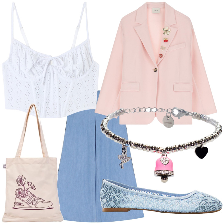Outfit donna - Domenica in città. Stile Urban per Tutti i giorni. Abbinamento con ballerine, top, shopping bag, pantaloni a palazzo, braccialetti, blazer.