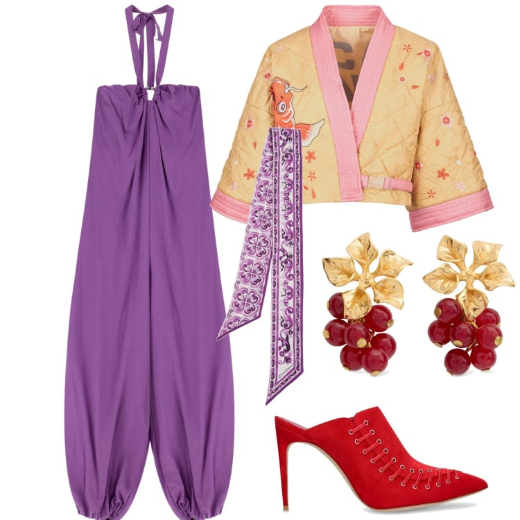 Outfit donna - Geisha. Stile Etnico per Serata fuori. Abbinamento con tute, kimono, pantofole, foulard, orecchini.