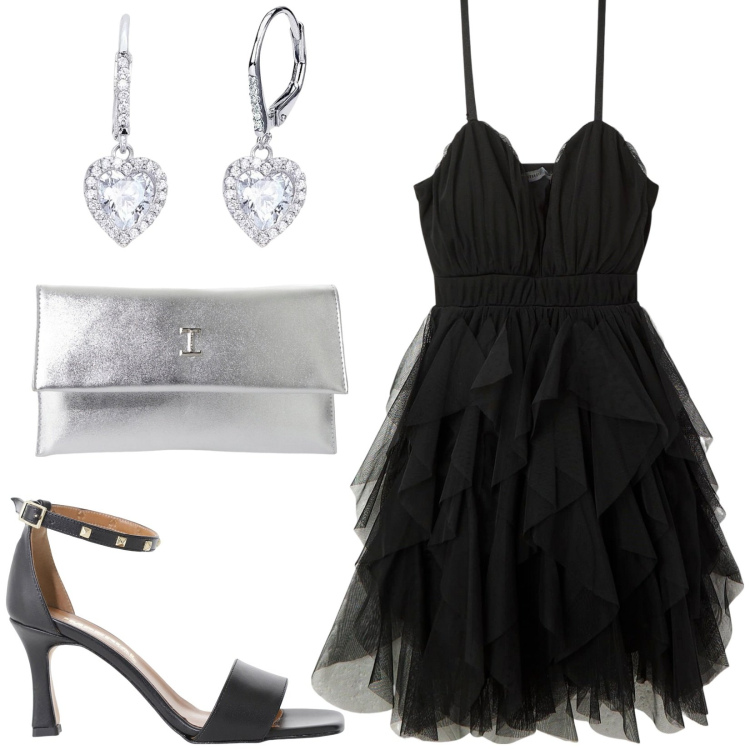 Outfit donna - Total look #2207150. Stile Glamour per Serata fuori. Abbinamento con vestiti corti, orecchini, sandali col tacco, pochette.