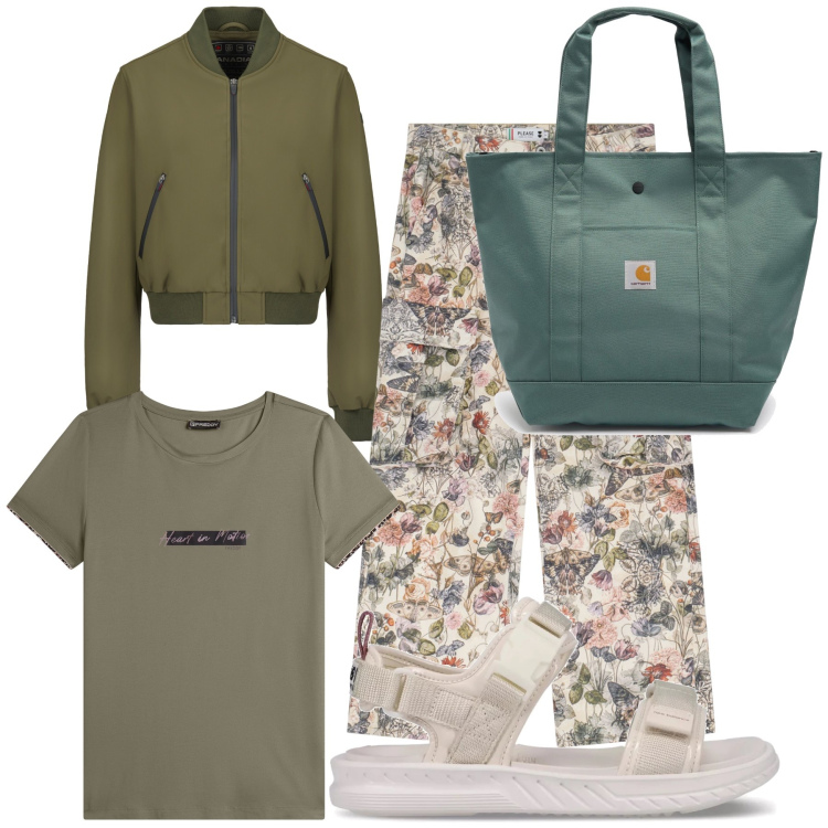 Outfit donna - Giubbino anti vento. Stile Casual per Tutti i giorni. Abbinamento con sandali, pantaloni cargo, t-shirt, bomber, borse tote.
