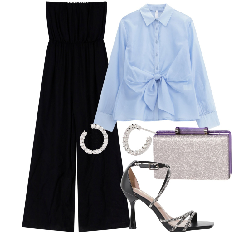 Outfit donna - Jumpsuit e camicia. Stile Chic per Serata fuori. Abbinamento con orecchini, pochette, sandali col tacco, tute, camicie.