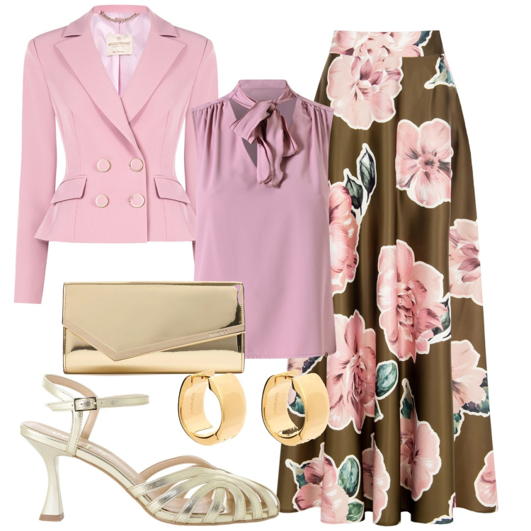 Outfit donna - Cerimonia settembre. Stile Chic per Cerimonia. Abbinamento con blazer, top, gonne, sandali col tacco, pochette, orecchini.