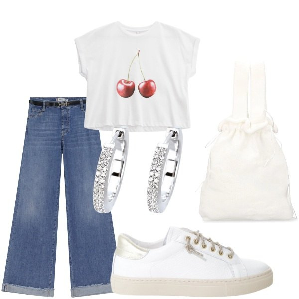Outfit donna - Outifit di luglio. Stile Casual per Tutti i giorni. Abbinamento con orecchini, jeans, t-shirt, sneakers, borse a mano.