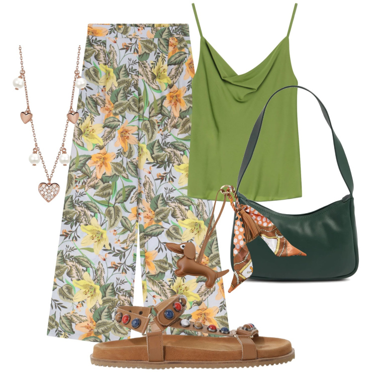 Outfit donna - Total look #2207180. Stile Etnico per Tutti i giorni. look ideale per Tall. Abbinamento con collane, portachiavi, top, sandali, pantaloni, borse a spalla.