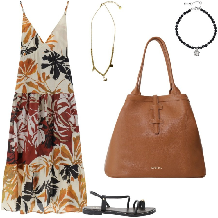 Outfit donna - Shopping prima delle vacanze. Stile Casual chic per Tutti i giorni. Abbinamento con braccialetti, vestiti lunghi, borse tote, ciondoli, sandali.