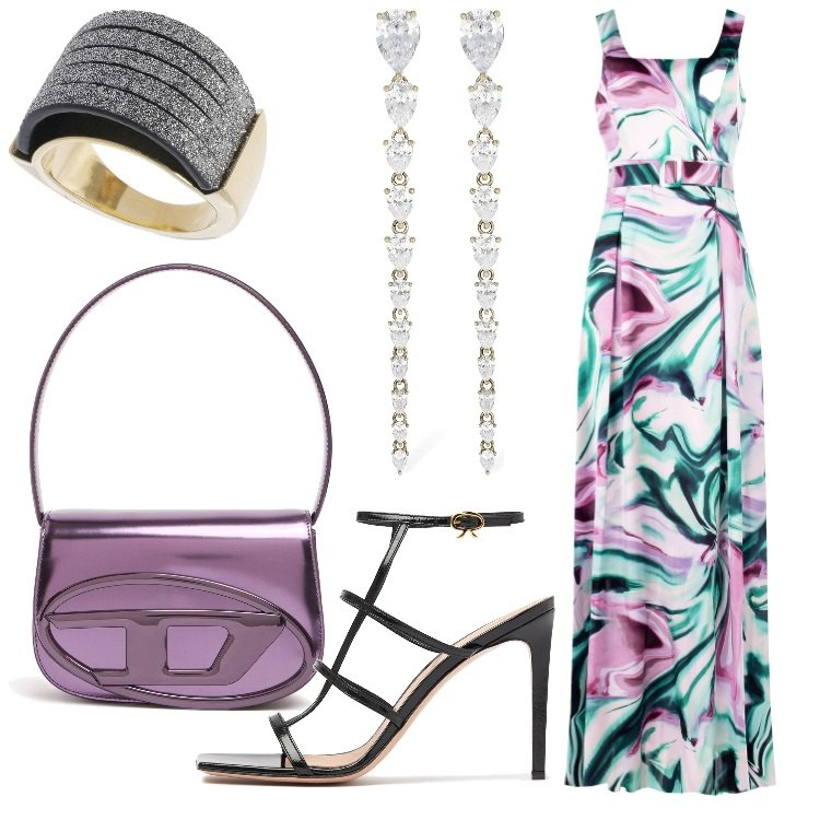 Outfit donna - Per la tua serata glamour. Stile Glamour per Serata fuori. Abbinamento con vestiti lunghi, orecchini, anelli, borse a spalla, sandali in pelle.