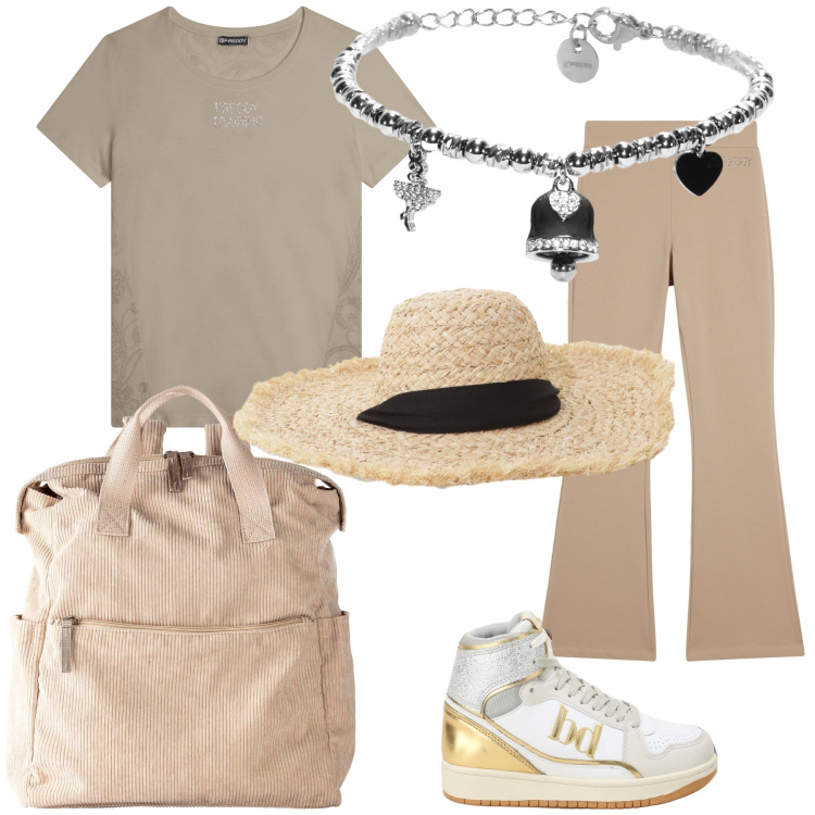 Outfit donna - Domenica pomeriggio. Stile Casual chic per Tutti i giorni. Abbinamento con zaini, cappelli, sneakers alte, pantaloni, t-shirt, braccialetti.
