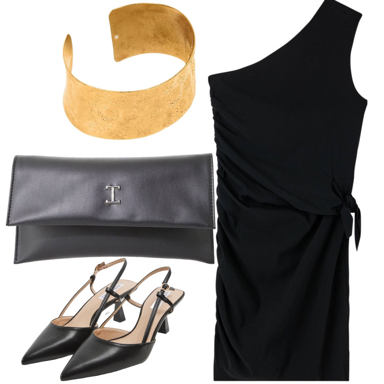 Outfit donna - Che chic coi saldi. Stile Glamour per Serata fuori. Abbinamento con vestiti asimmetrici, sabot, pochette, braccialetti.