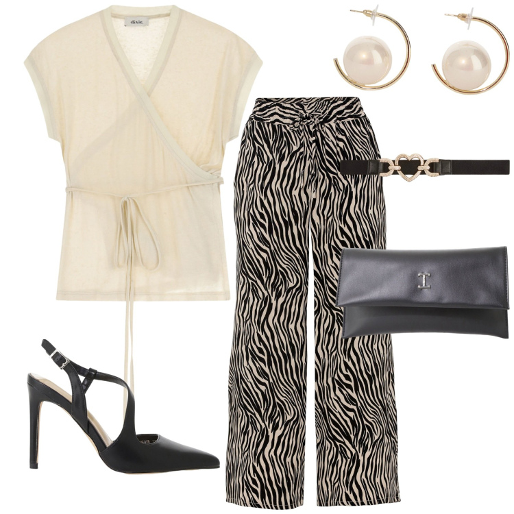 Outfit donna - Total look #2207209. Stile Chic per Cerimonia. Abbinamento con pantaloni culotte, cinture, décolleté, pochette, top, orecchini.
