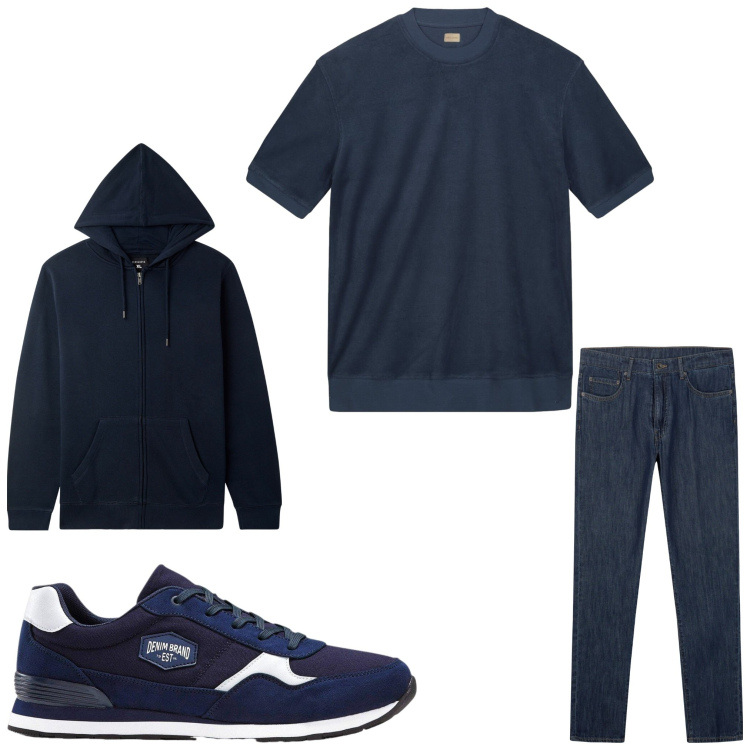 Outfit uomo - Gita in montagna. Stile Casual per Tutti i giorni. Abbinamento con sneakers, felpe con cappuccio, jeans, t-shirt.