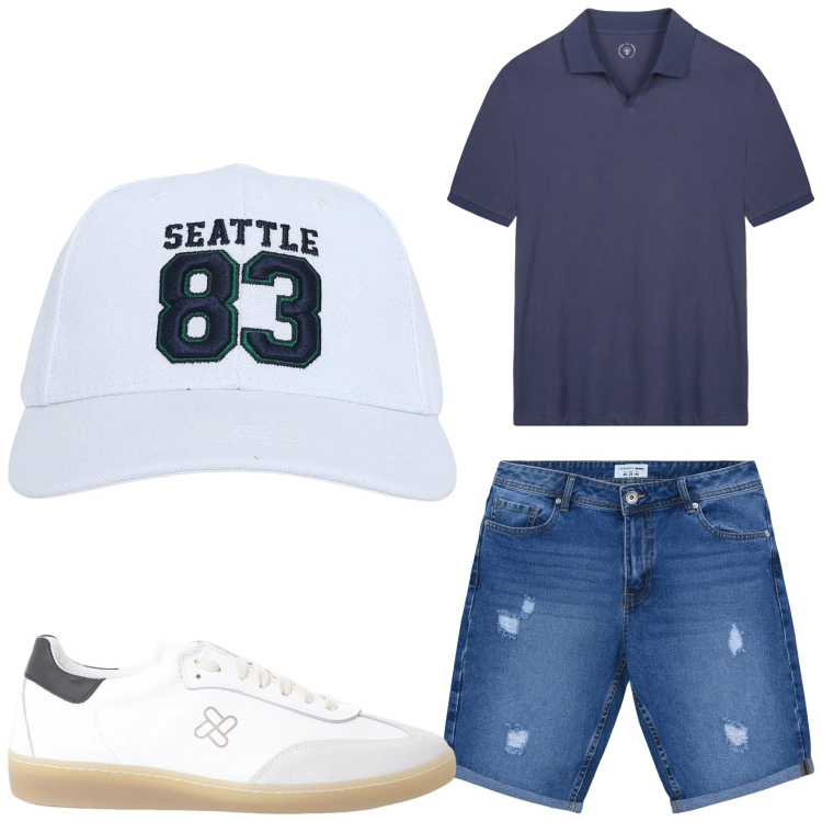 Outfit uomo - Easy. Stile Casual per Tutti i giorni. Abbinamento con bermuda, cappelli, sneakers, polo.