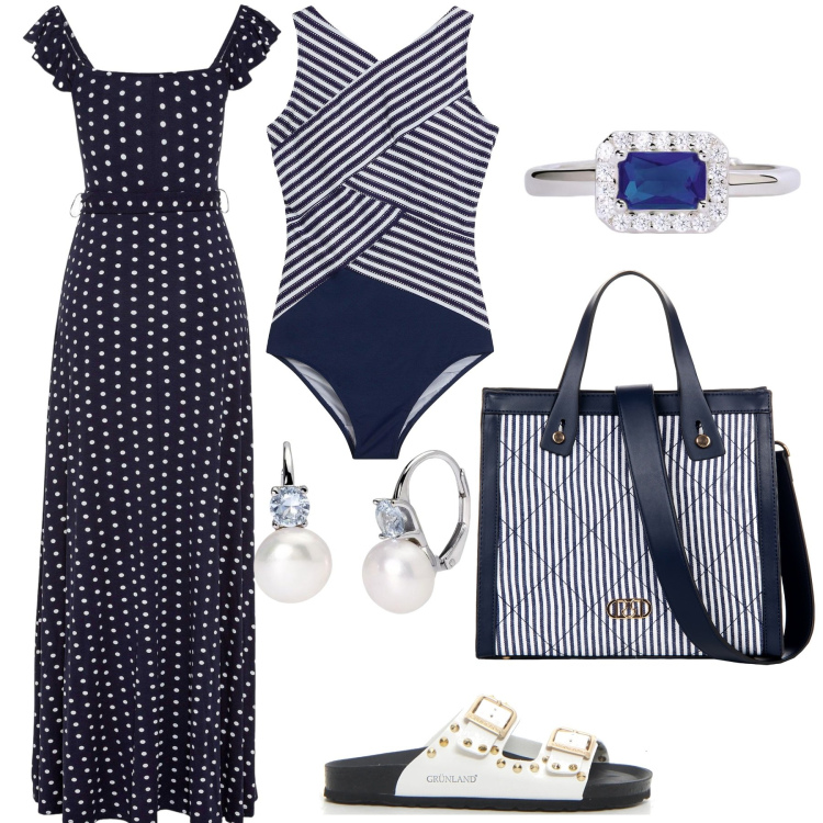 Outfit donna - Bianco e blu. Stile Bon Ton per Mare. Abbinamento con costumi interi, vestiti lunghi, anelli, orecchini, shopping bag, ciabatte.