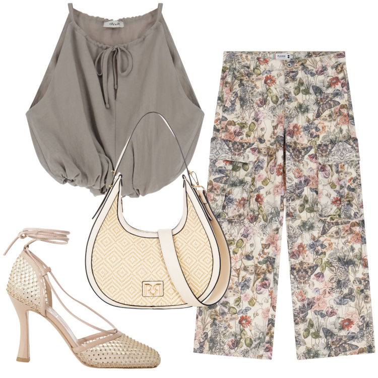 Outfit donna - Per la città. Stile Urban per Tutti i giorni. Abbinamento con borse a mano, pantaloni cargo, top, décolleté.