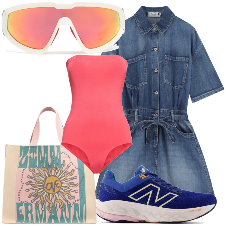 Outfit donna - Il jeans coi colori. Stile Sporty chic per Tutti i giorni. Abbinamento con sneakers, tuta corta, body, shopping bag, occhiali da sole.