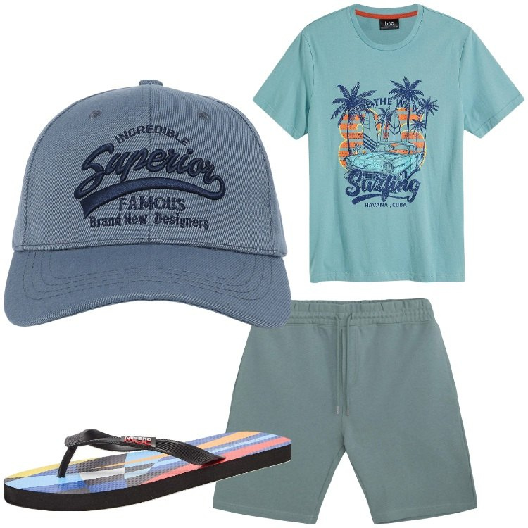 Outfit uomo - Mr. Surf. Stile Casual per Tutti i giorni. Abbinamento con t-shirt, sandali, cappelli con visiera, pantaloni corti.