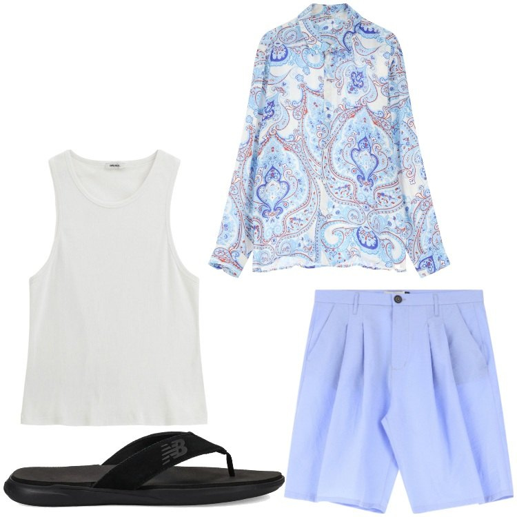 Outfit uomo - Chic da spiaggia. Stile Business/Elegante per Mare. Abbinamento con sandali, camicie, canottiere, bermuda.