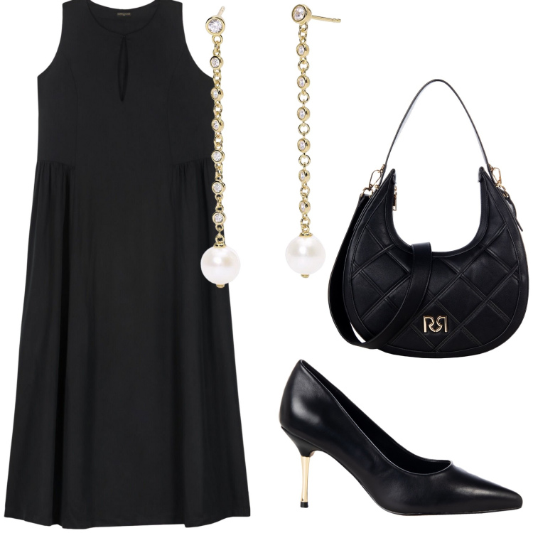 Outfit donna - Elegantissima in ufficio. Stile Bon Ton per Ufficio. Abbinamento con orecchini, borse a tracolla, décolleté, vestiti lunghi.
