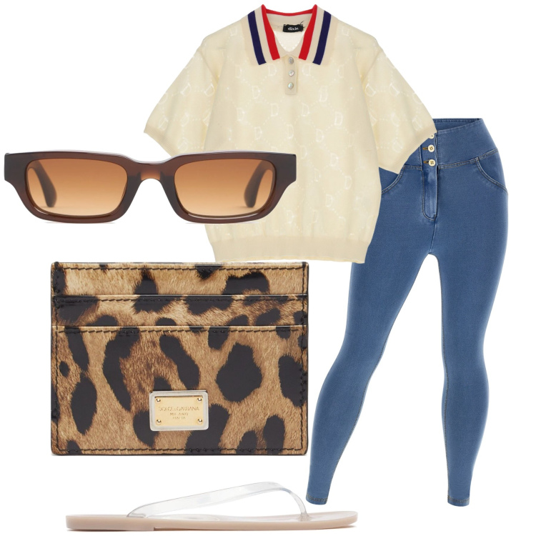 Outfit donna - Smartworking. Stile Trendy per Ufficio. Abbinamento con jeggings, polo, portafogli, occhiali da sole, infradito.