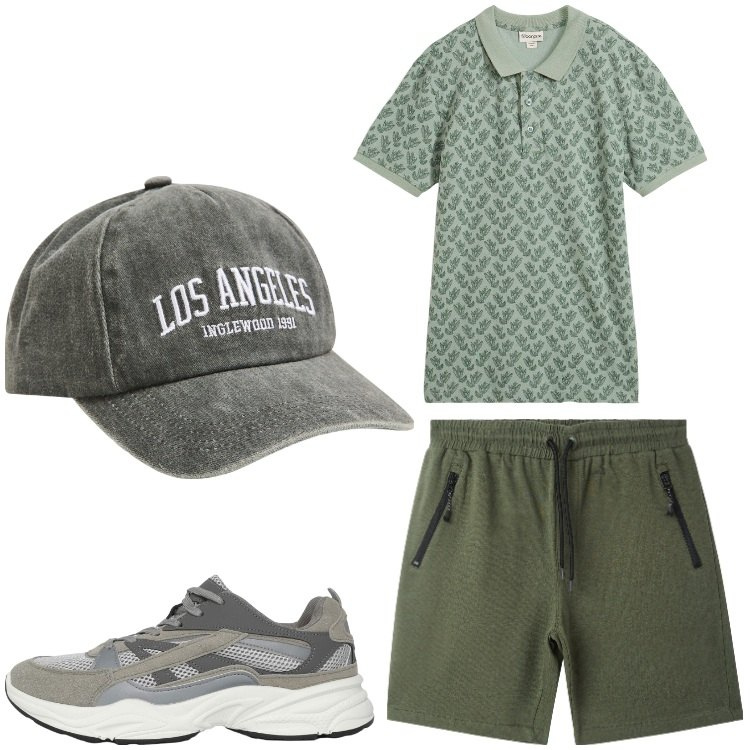 Outfit uomo - Questione di verde. Stile Casual per Tutti i giorni. Abbinamento con polo, cappelli, sneakers, bermuda.