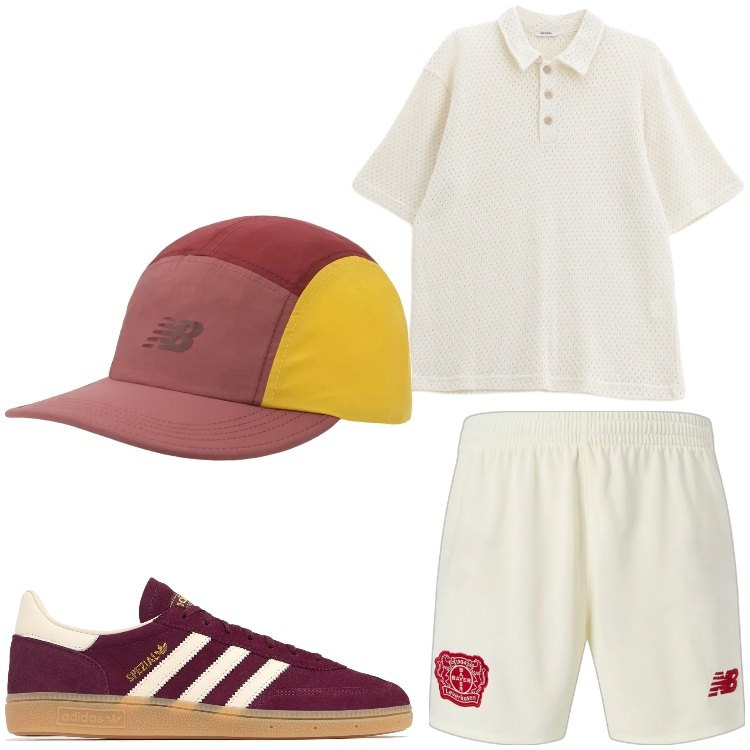 Outfit uomo - Un tocco di bordeau. Stile Casual per Tutti i giorni. Abbinamento con cappelli con visiera, pantaloni corti, polo, sneakers.