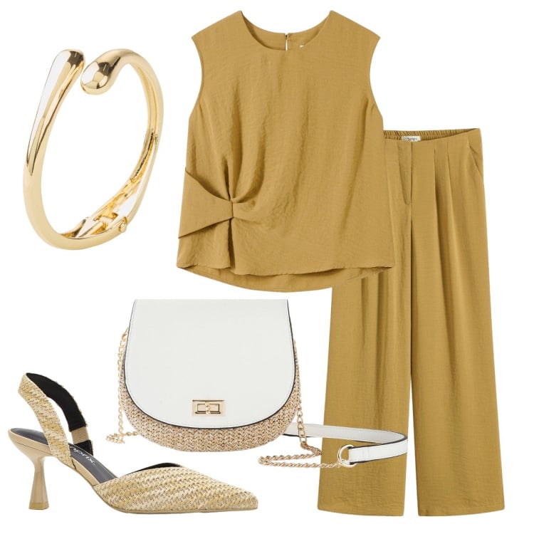 Outfit donna - Il completo in saldo. Stile Bon Ton per Tutti i giorni. Abbinamento con top, pantaloni, décolleté, borse a tracolla, braccialetti.