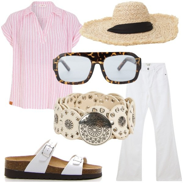 Outfit donna - Accessori. Stile Casual chic per Serata fuori. Abbinamento con bluse, jeans a zampa, cinture, occhiali da sole, cappelli, ciabatte.