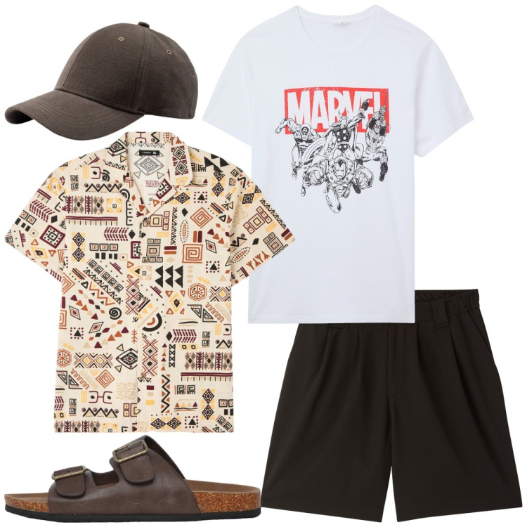 Outfit uomo - Sandali moderni. Stile Casual per Tutti i giorni. Abbinamento con t-shirt, pantaloni corti, camicie a manica corta, sandali, cappelli con visiera.