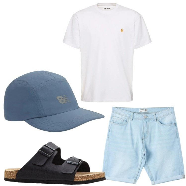 Outfit uomo - Senza pensieri. Stile Casual per Tutti i giorni. Abbinamento con sandali, bermuda, cappelli con visiera, t-shirt.