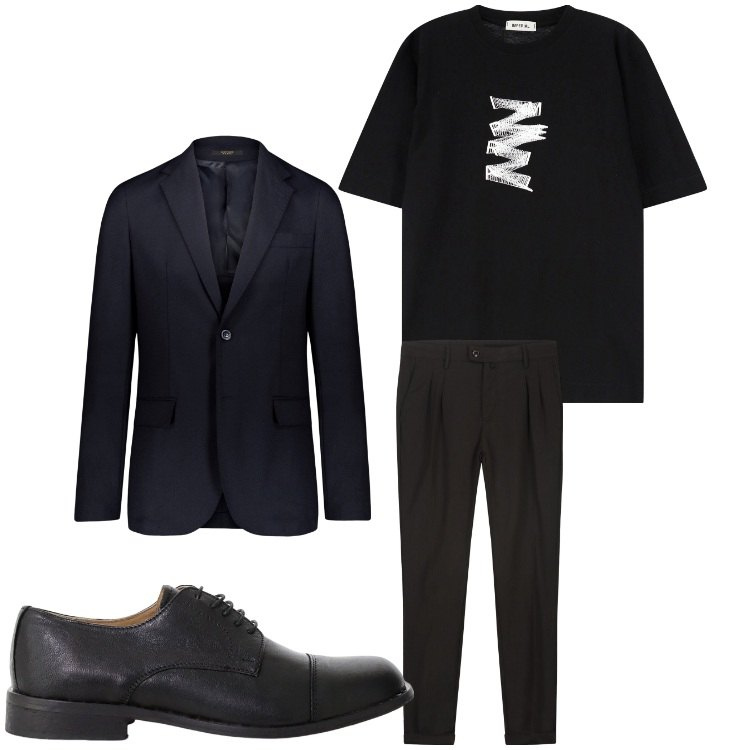 Outfit uomo - Abito e t- shirt. Stile Business/Elegante per Serata speciale. Abbinamento con t-shirt, scarpe stringate, pantaloni, giacche.