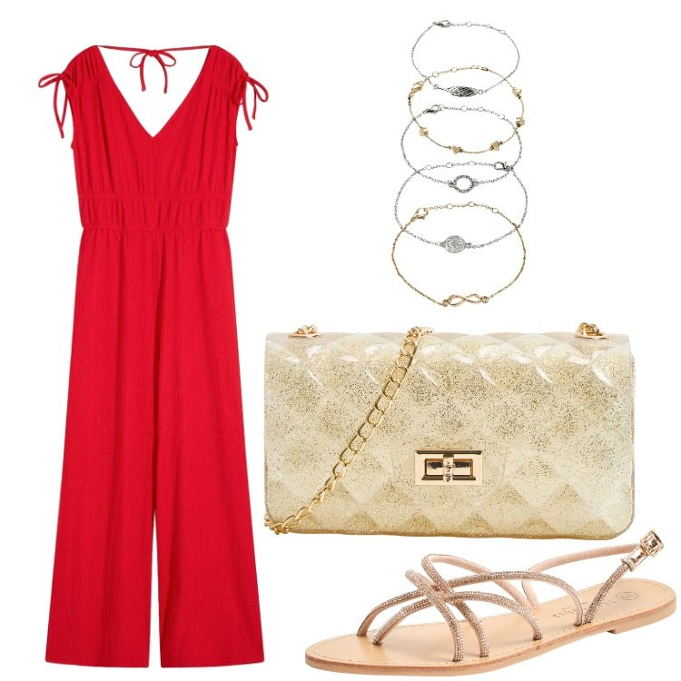 Outfit donna - Rosso e oro. Stile Chic per Serata fuori. Abbinamento con tute, braccialetti con ciondoli, sandali, borse a tracolla.