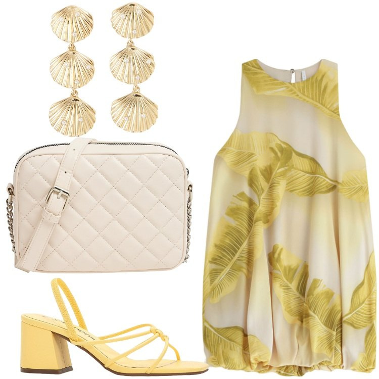 Outfit donna - Fiori e conchiglie. Stile Chic per Serata fuori. Abbinamento con sandali col tacco, orecchini, borse a tracolla, vestiti corti.