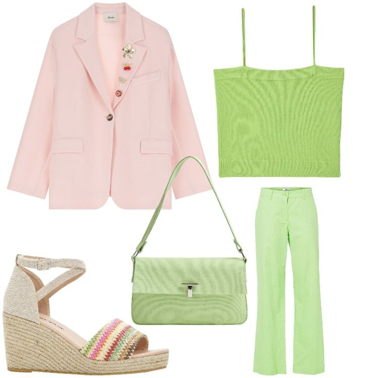 Outfit donna - Abbinamenti. Stile Chic per Ufficio. Abbinamento con pantaloni, sandali, canottiere, borse a spalla, blazer.