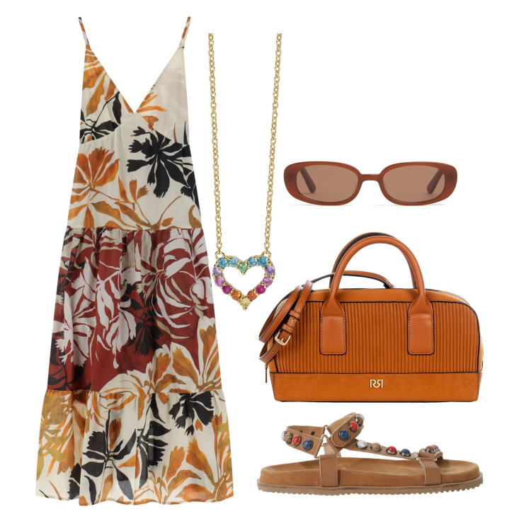 Outfit donna - Un giorno spensierato. Stile Boho per Tutti i giorni. Abbinamento con collane, borse a mano, vestiti lunghi, sandali, occhiali da sole.