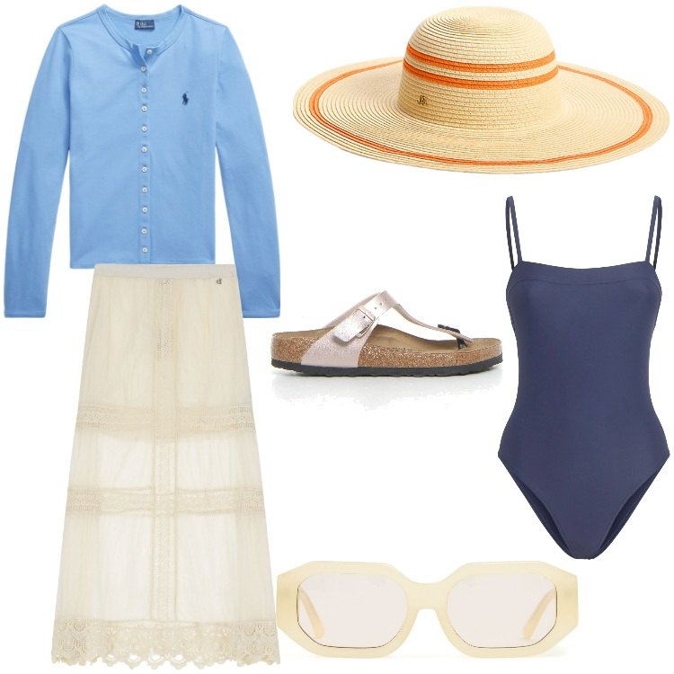 Outfit donna - portofino. Stile Boho per Mare. Abbinamento con gonne lunghe, cardigans, cappelli, infradito, occhiali da sole, costumi interi.