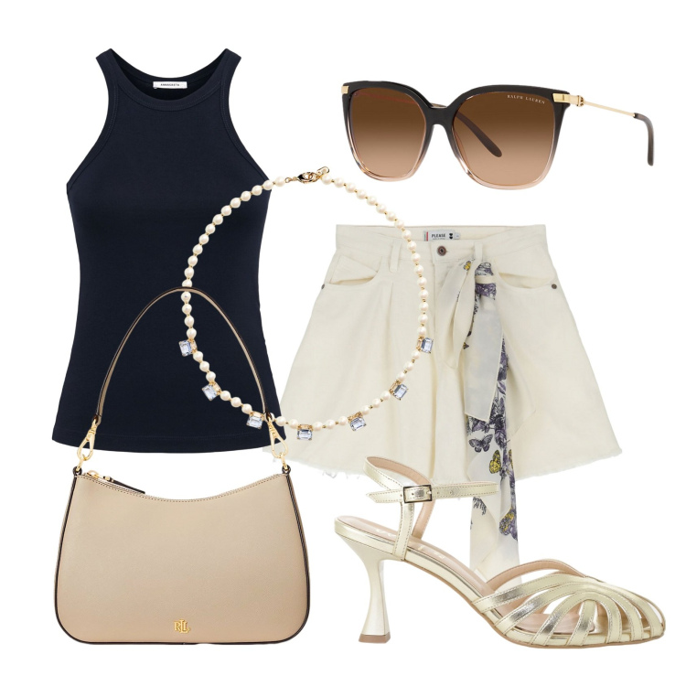 Outfit donna - Navy & gold. Stile Casual chic per Tutti i giorni. Abbinamento con shorts, sandali col tacco, occhiali da sole, borse a spalla, collane, canottiere.