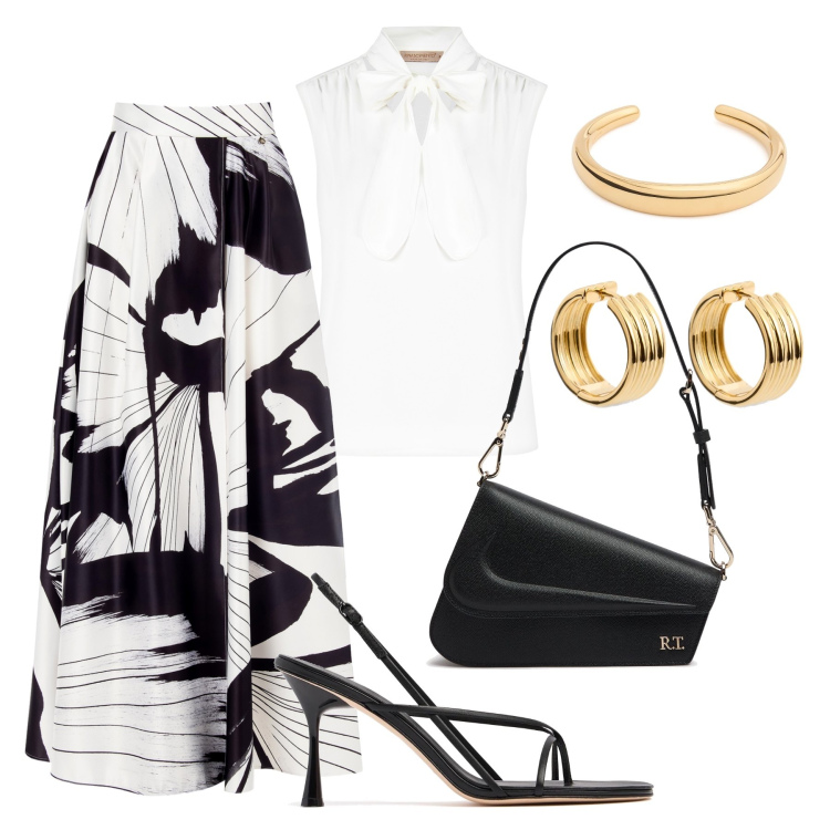 Outfit donna - Cerimonia astratta. Stile Chic per Cerimonia. Abbinamento con top, gonne lunghe, orecchini, sandali in pelle, braccialetti, borse a spalla.