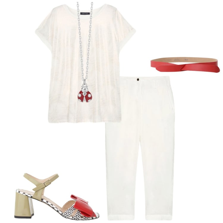 Outfit donna - Bianco d\'estate. Stile Casual chic per Serata fuori. Abbinamento con collane, sandali col tacco, cinture, bluse, pantaloni.
