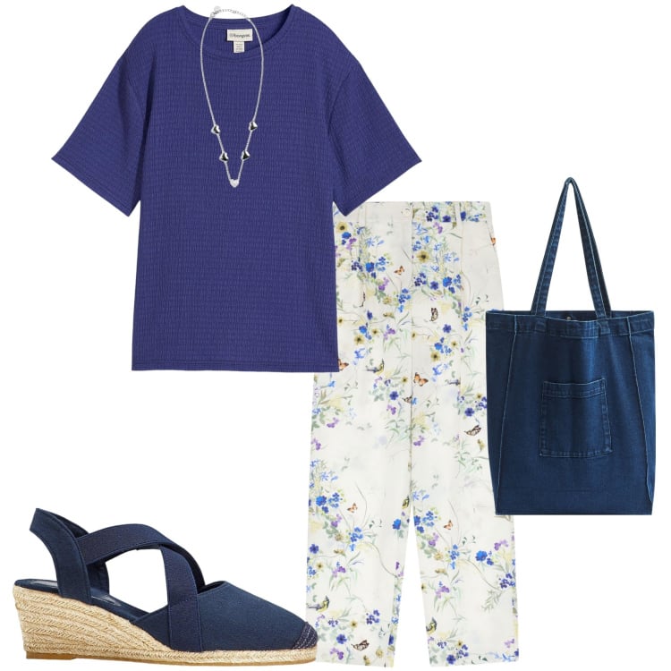 Outfit donna - In città. Stile Basic per Tutti i giorni. Abbinamento con t-shirt, sandali col tacco, shopping bag, pantaloni, collane.