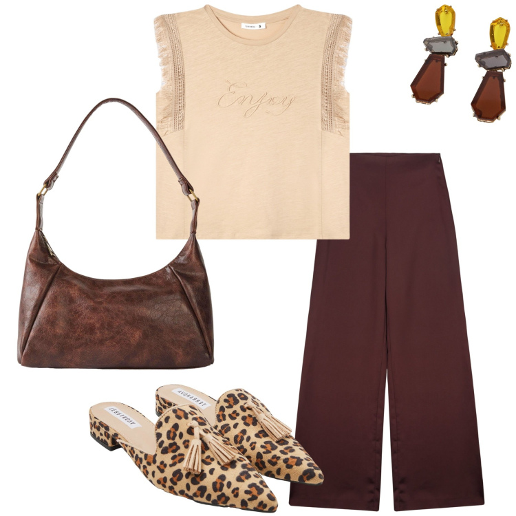 Outfit donna - Mocha mousse. Stile Casual chic per Tutti i giorni. Abbinamento con borse a mano, t-shirt, sabot, orecchini, pantaloni a palazzo.
