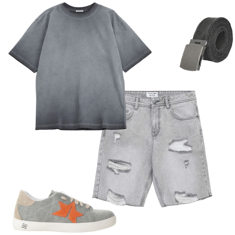 Outfit uomo - Tutti i giorni. Stile Casual per Tutti i giorni. Abbinamento con pantaloni corti, cinture, t-shirt, sneakers.