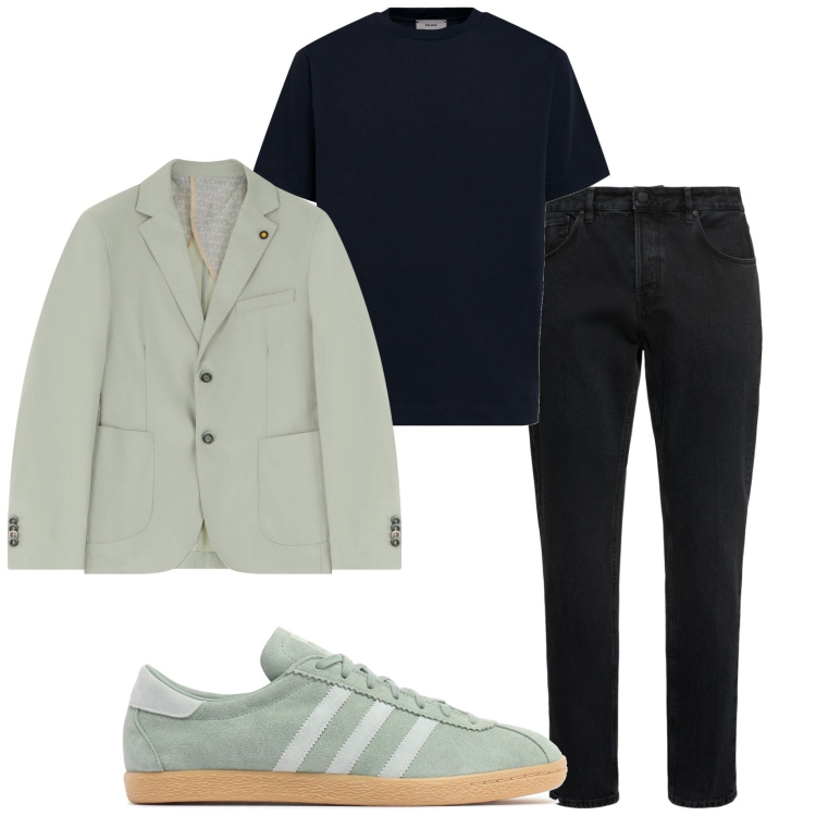 Outfit uomo - Sporty chic. Stile Casual per Cerimonia. Abbinamento con giacche, sneakers, t-shirt, jeans.