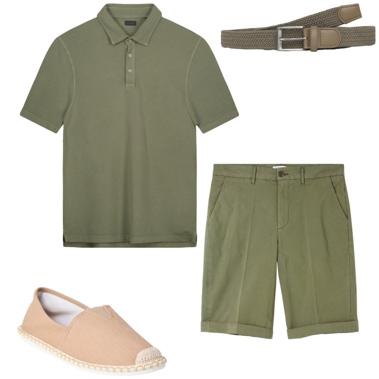 Outfit uomo - Verde militare. Stile Casual per Tutti i giorni. Abbinamento con espadrillas, bermuda, cinture, polo.