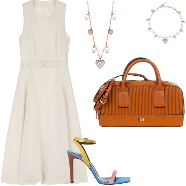 Outfit donna - Per una riunione aziendale. Stile Chic per Ufficio. Abbinamento con braccialetti, collane, borse a mano, vestiti midi/longuette, sandali col tacco.