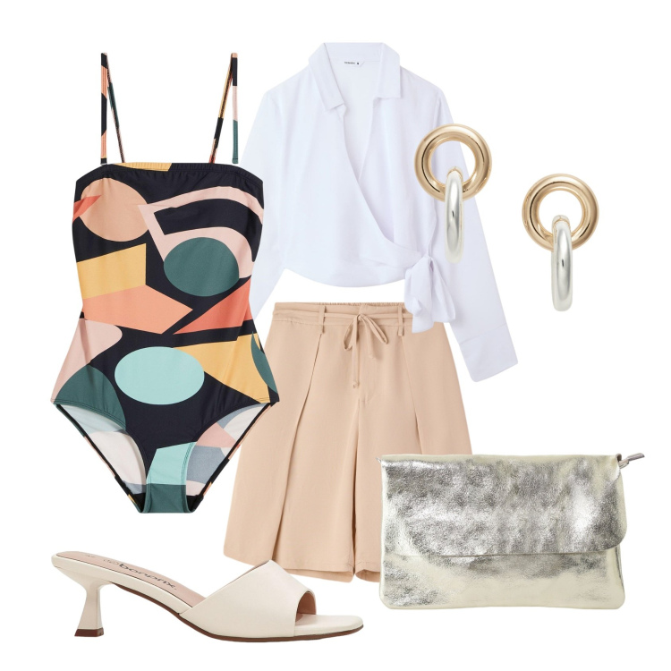 Outfit donna - Festa in spiaggia. Stile Bon Ton per Mare. Abbinamento con ciabatte, costumi interi, camicie, pantaloni corti, borse a tracolla, orecchini.