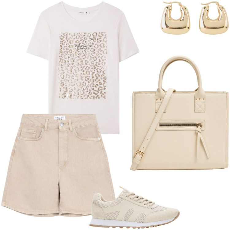 Outfit donna - L\'outfif comodo. Stile Casual per Tutti i giorni. Abbinamento con orecchini, sneakers, t-shirt, bermuda, shopping bag.