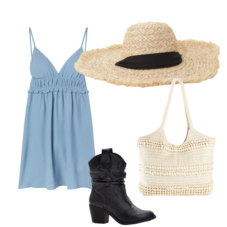 Outfit donna - Summer memories. Stile Casual per Mare. Abbinamento con stivaletti texani, shopping bag, vestiti corti, cappelli.