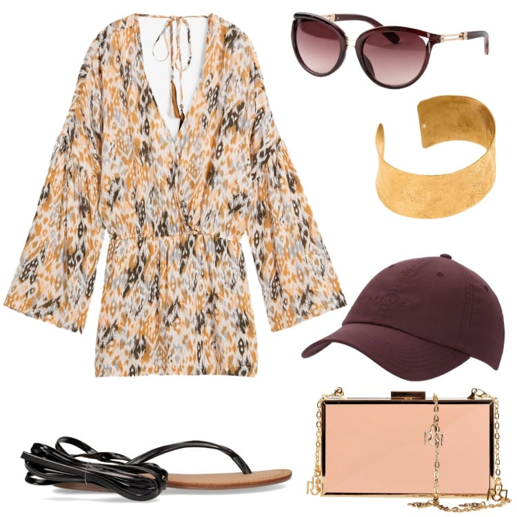 Outfit donna - Accessori. Stile Casual chic per Tutti i giorni. Abbinamento con occhiali da sole, tuta corta, cappelli, pochette, braccialetti, sandali alla schiava.