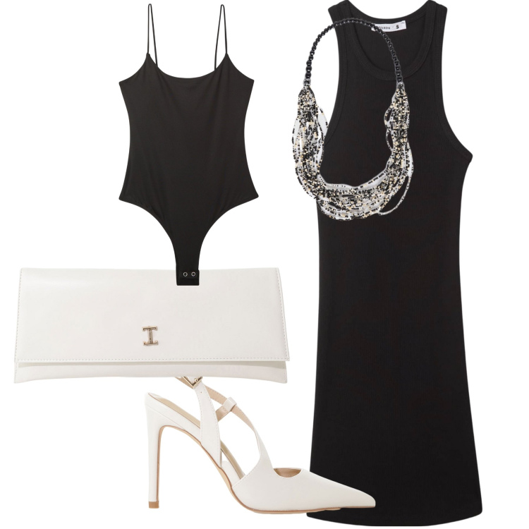 Outfit donna - Classico aperitivo. Stile Bon Ton per Serata fuori. Abbinamento con body, vestiti corti, décolleté, pochette, collane.