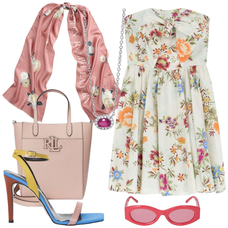 Outfit donna - I miei accessori. Stile Romantica per Cerimonia. Abbinamento con collane, vestiti corti, sandali col tacco, foulard, borse tote, occhiali da sole.